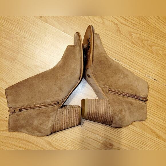 Lucky Brand Chestnut Brown Leather Open Toe Booties Size 6 Side Zip Lace Detail - Picture 4 of 9